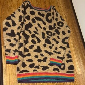 Leopard Print Sweater Dress with Rainbow Trim